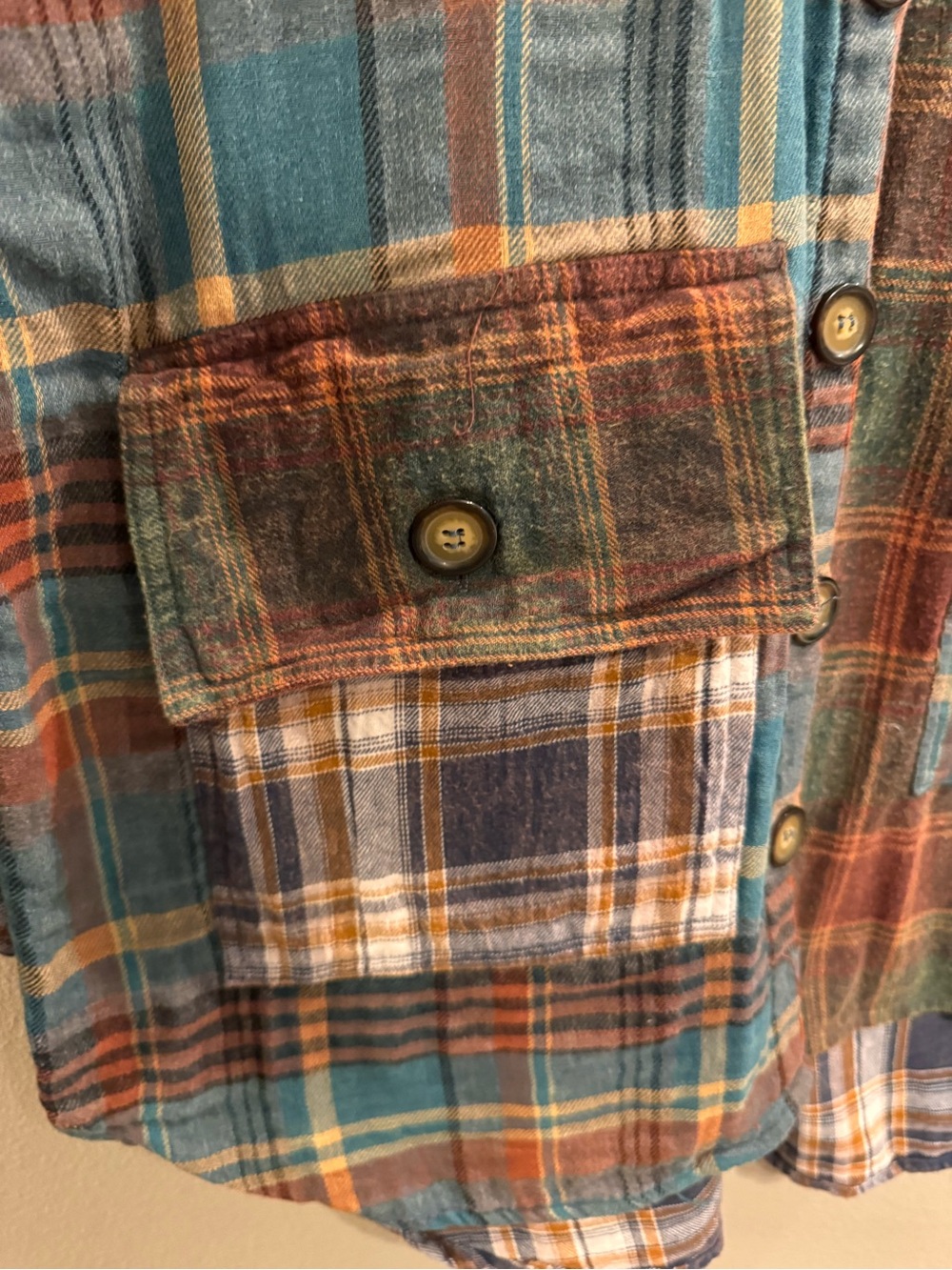 Angie Patchwork Plaid Button-Down Shirt Jacket - Teal & Brown & Cream - Picture 5 of 9